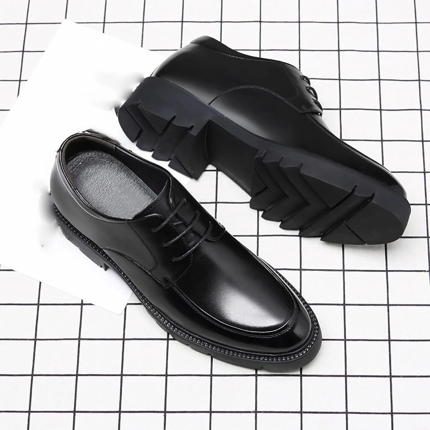 Men's Genuine Leather Chunky Shoes, Thick Sole Elevated Work Casual Dress Shoes, Comfortable Padded Pigskin Lining