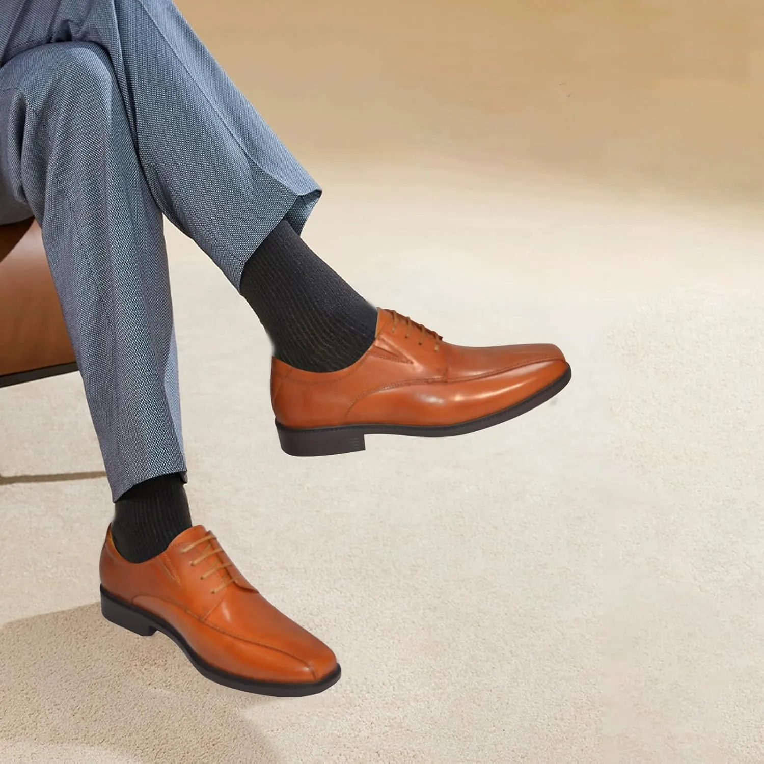 Mens Genuine Leather Dress Shoes Square Toe Formal Business Office Work Lightweight Comfortable Lace-up Oxford Shoes
