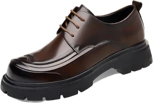 Men's Genuine Leather Platform Chunky Heel Oxfords Fashion Round Toe Slip On Lug Sole Business Dress Lace-Up Penny Loafers for Party Wedding Prom Work Shoes