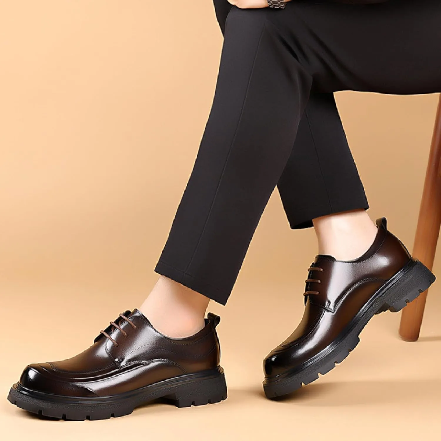 Men's Genuine Leather Platform Chunky Heel Oxfords Fashion Round Toe Slip On Lug Sole Business Dress Lace-Up Penny Loafers for Party Wedding Prom Work Shoes