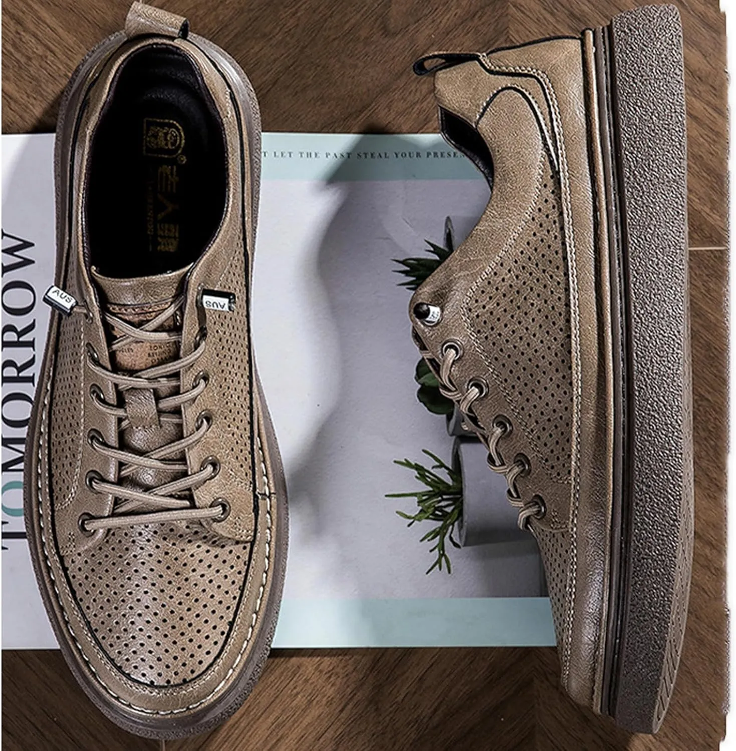 Men's Genuine Leather Platform Slip On Fashion Sneakers Round toe Retro hollow Soft bottom Comfortable Lace-up casual Skateboard Shoes for Walking Driving Business Working Office