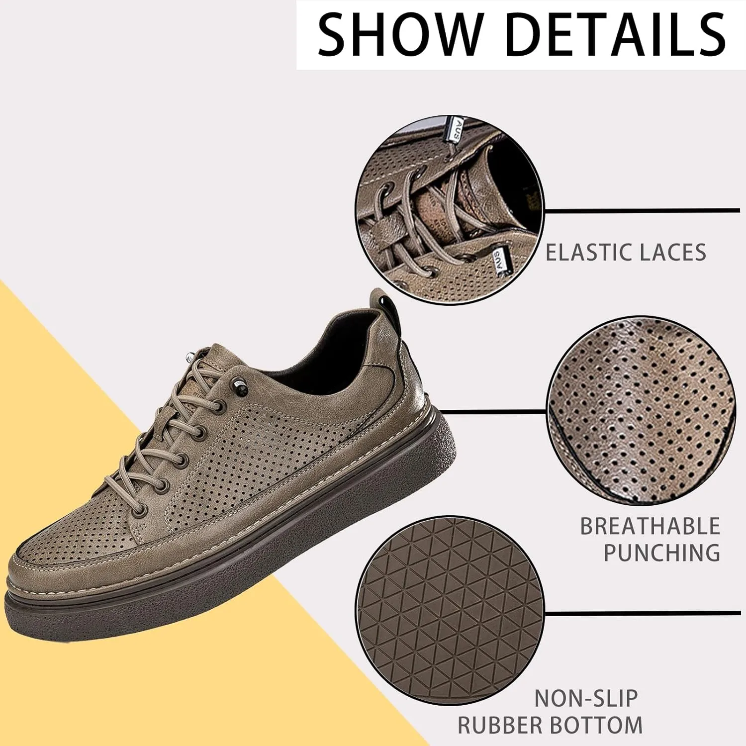 Men's Genuine Leather Platform Slip On Fashion Sneakers Round toe Retro hollow Soft bottom Comfortable Lace-up casual Skateboard Shoes for Walking Driving Business Working Office