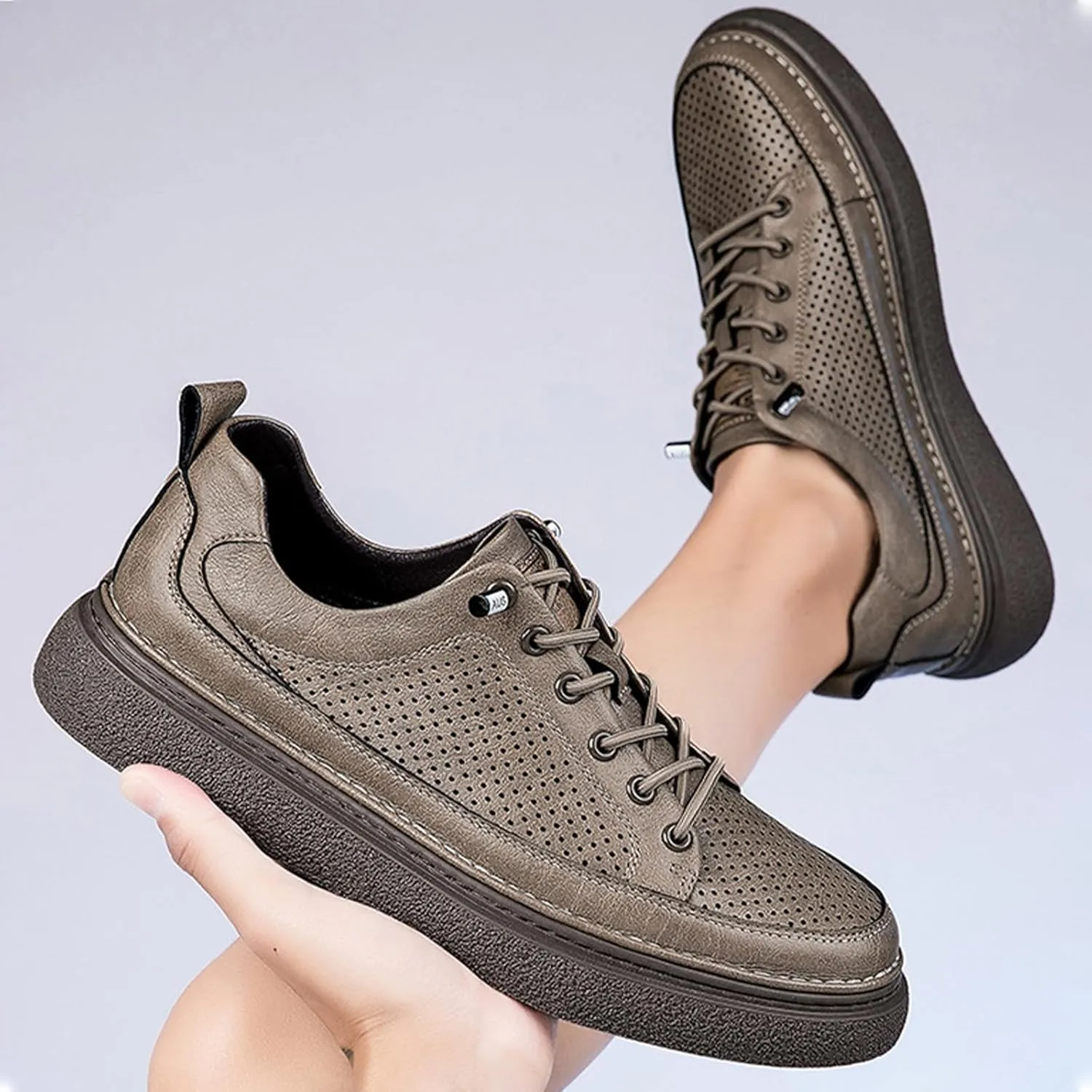 Men's Genuine Leather Platform Slip On Fashion Sneakers Round toe Retro hollow Soft bottom Comfortable Lace-up casual Skateboard Shoes for Walking Driving Business Working Office