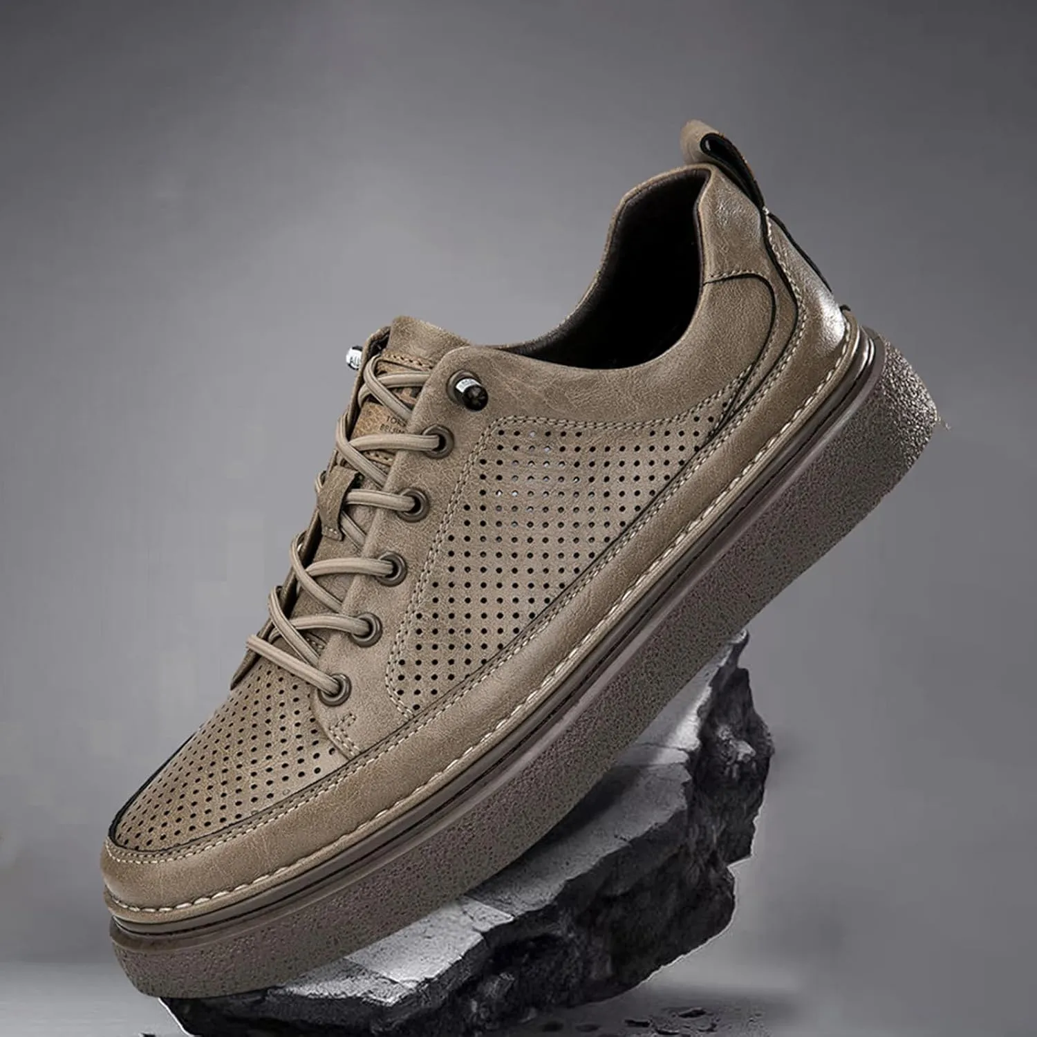 Men's Genuine Leather Platform Slip On Fashion Sneakers Round toe Retro hollow Soft bottom Comfortable Lace-up casual Skateboard Shoes for Walking Driving Business Working Office