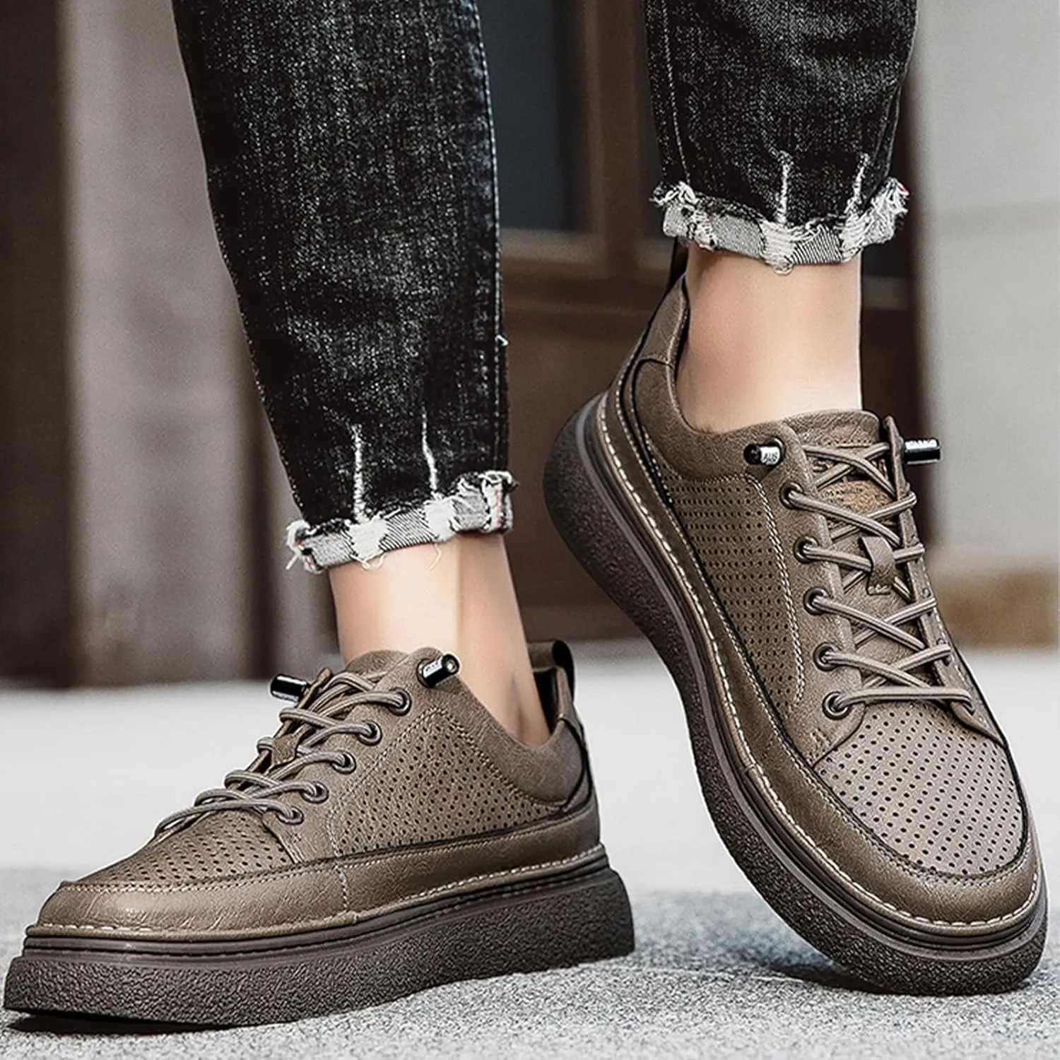 Men's Genuine Leather Platform Slip On Fashion Sneakers Round toe Retro hollow Soft bottom Comfortable Lace-up casual Skateboard Shoes for Walking Driving Business Working Office