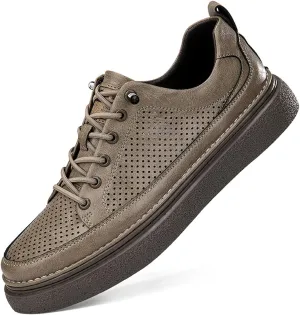 Men's Genuine Leather Platform Slip On Fashion Sneakers Round toe Retro hollow Soft bottom Comfortable Lace-up casual Skateboard Shoes for Walking Driving Business Working Office