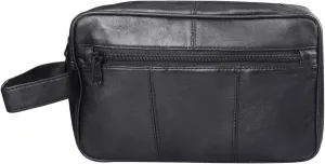 MEN'S GENUINE LEATHER TRAVEL WASH GYM TOILETRY BAG (BLACK) - 3510