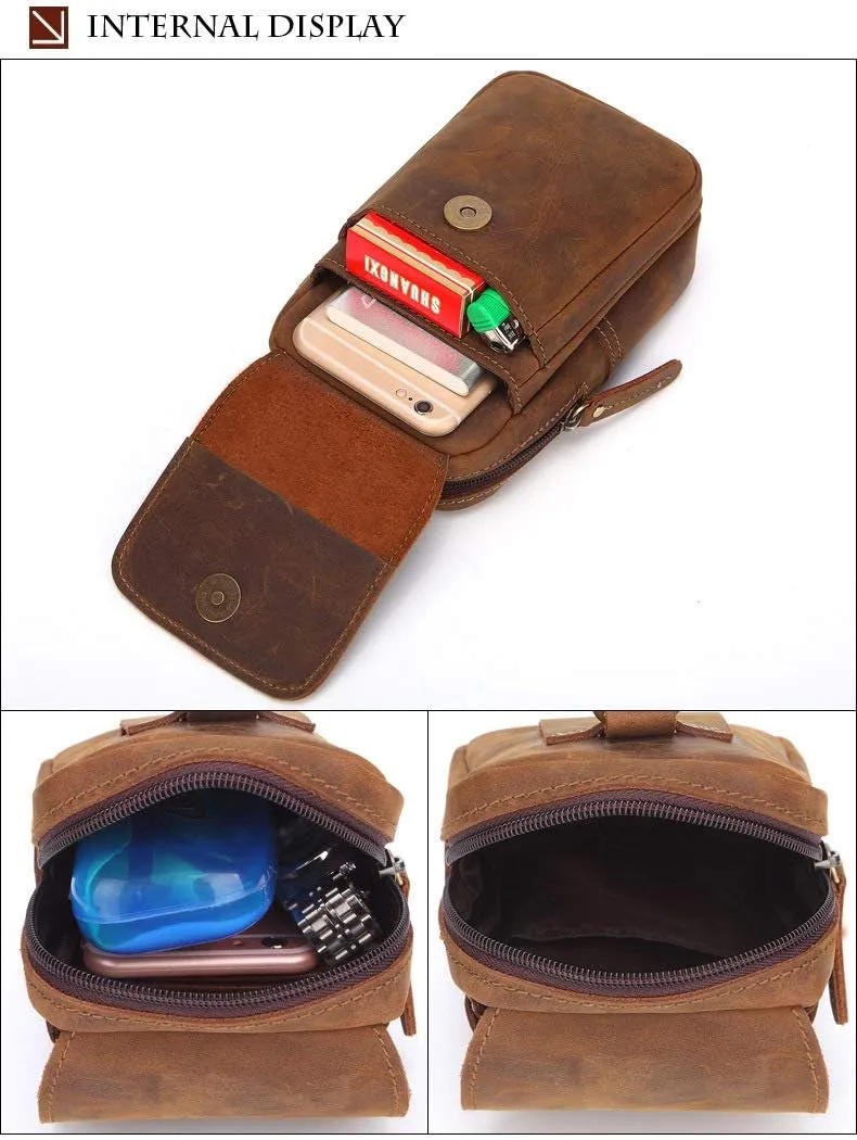Men's Genuine Leather Waist Bag Snap Button Mobile Phone Pouch Retro Outdoor Three-layer Small Hanging Bag Belt Pack