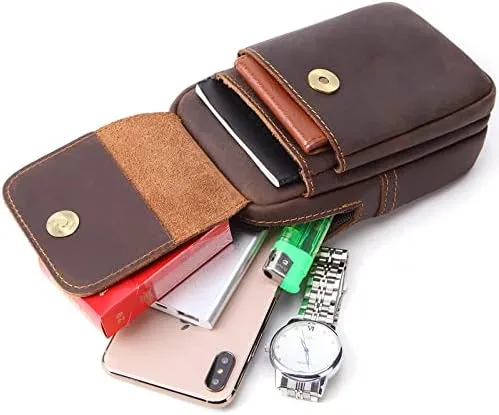Men's Genuine Leather Waist Bag Snap Button Mobile Phone Pouch Retro Outdoor Three-layer Small Hanging Bag Belt Pack