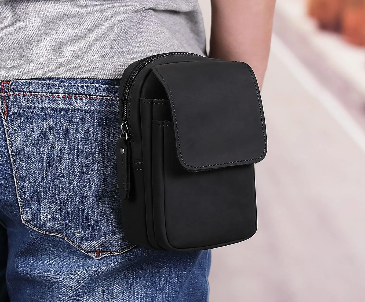 Men's Genuine Leather Waist Bag Snap Button Mobile Phone Pouch Retro Outdoor Three-layer Small Hanging Bag Belt Pack