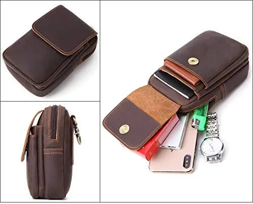Men's Genuine Leather Waist Bag Snap Button Mobile Phone Pouch Retro Outdoor Three-layer Small Hanging Bag Belt Pack
