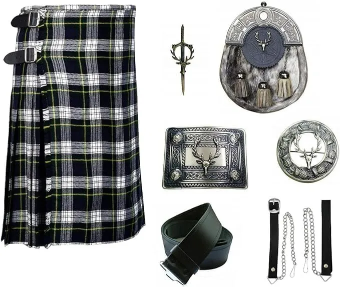 Men's Highland Heritage Kilt Set Dress Gordan Kilt with Stag Head Sporran, Chain, Belt, Buckle, Brooch & Pin