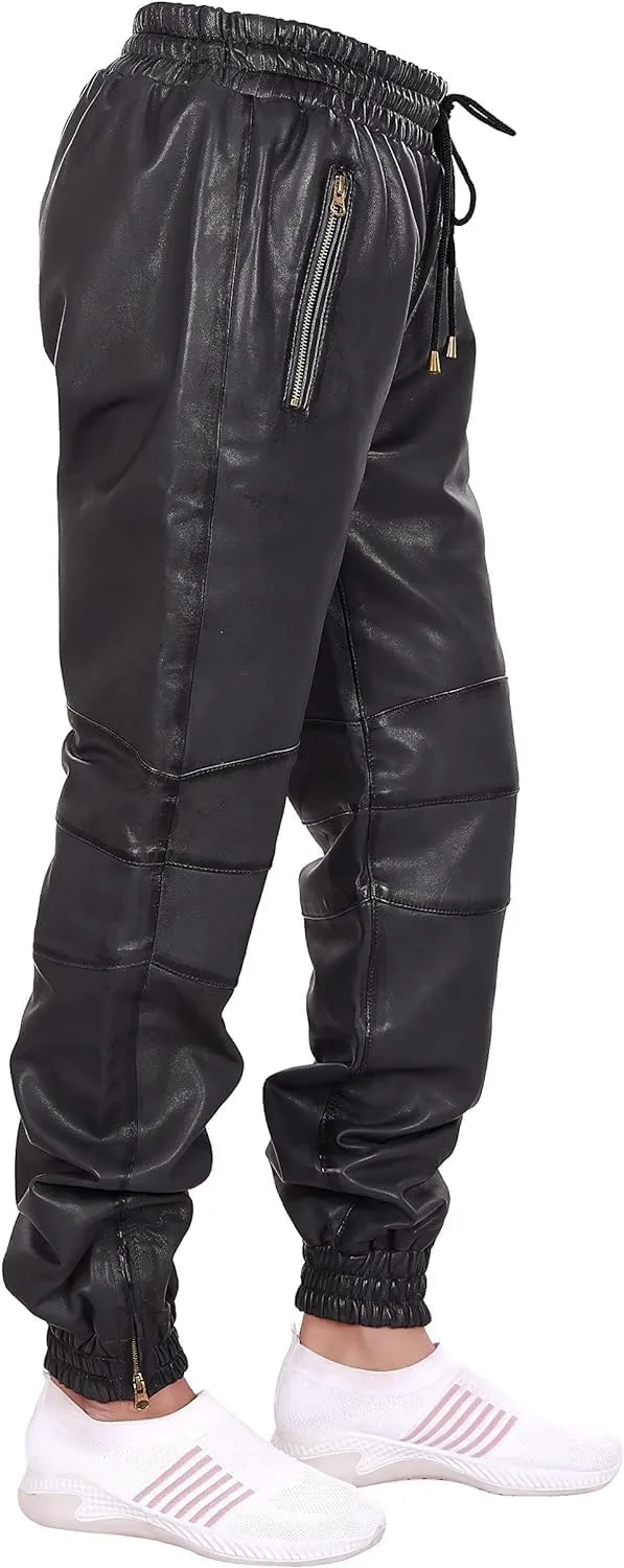 Mens Leather Joggers Pant for Bikers & Riders, Moto Sports Drawstring Pants, Trousers for Boys - Slim Fit Joggers
