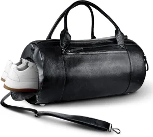 Mens Leather Travel Duffel Bag with Shoe Compartment, Secret Air Tag Holder, Removable Strap - Mens Travel Bag, Gym, Overnight Bag, Leather Duffle Bags for Men Designed in LA