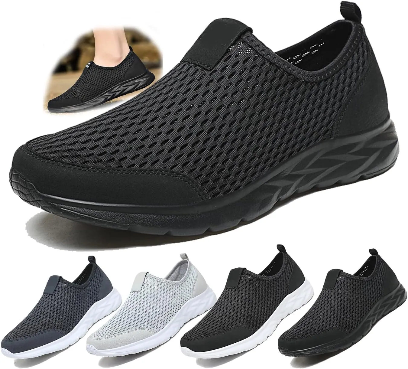 Men's Lightweight Slip-On Sneakers – Breathable Mesh Walking Shoes for Summer, Wide Fit, Easy Wear for Travel, Driving, Gym, Elderly & Daily Comfort