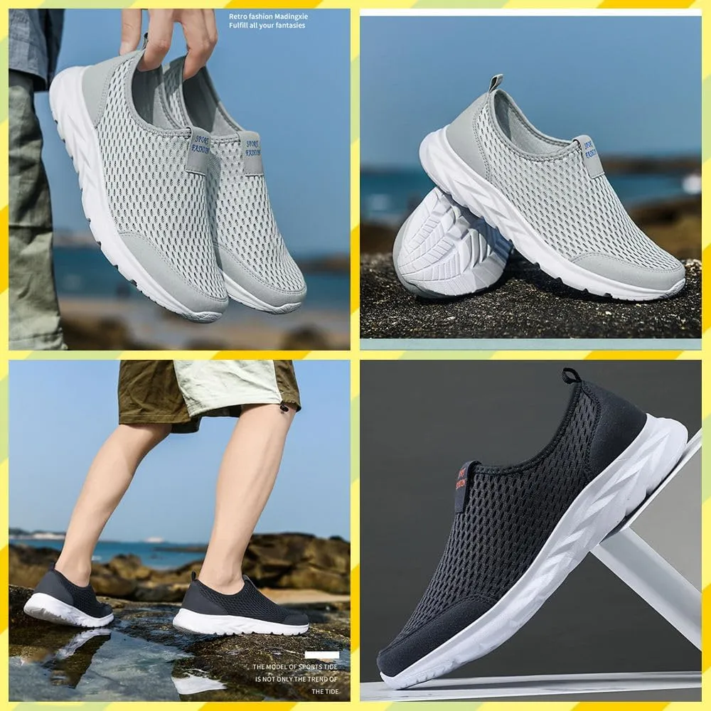 Men's Lightweight Slip-On Sneakers – Breathable Mesh Walking Shoes for Summer, Wide Fit, Easy Wear for Travel, Driving, Gym, Elderly & Daily Comfort