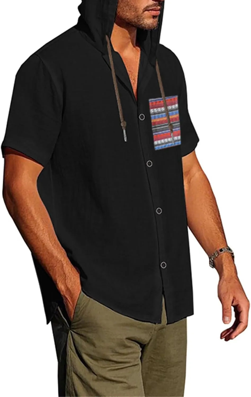 Men's Linen Hooded Short Sleeve Shirts Cardigan Short Sleeve Boho Style T-Shirts Summer Beach Vacation Yoga Tops