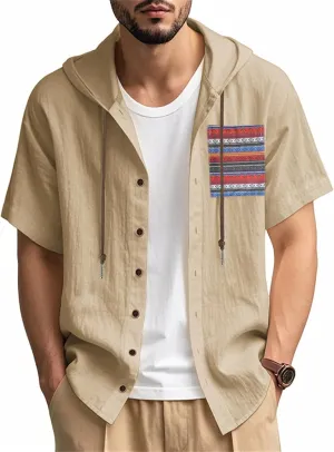 Men's Linen Hooded Short Sleeve Shirts Cardigan Short Sleeve Boho Style T-Shirts Summer Beach Vacation Yoga Tops