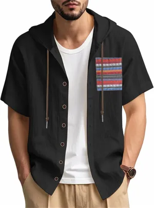 Men's Linen Hooded Short Sleeve Shirts Cardigan Short Sleeve Boho Style T-Shirts Summer Beach Vacation Yoga Tops