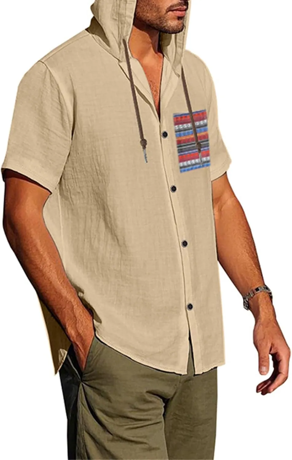 Men's Linen Hooded Short Sleeve Shirts Cardigan Short Sleeve Boho Style T-Shirts Summer Beach Vacation Yoga Tops