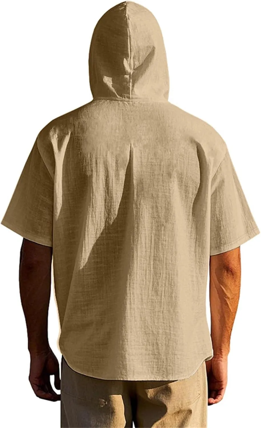 Men's Linen Hooded Short Sleeve Shirts Cardigan Short Sleeve Boho Style T-Shirts Summer Beach Vacation Yoga Tops