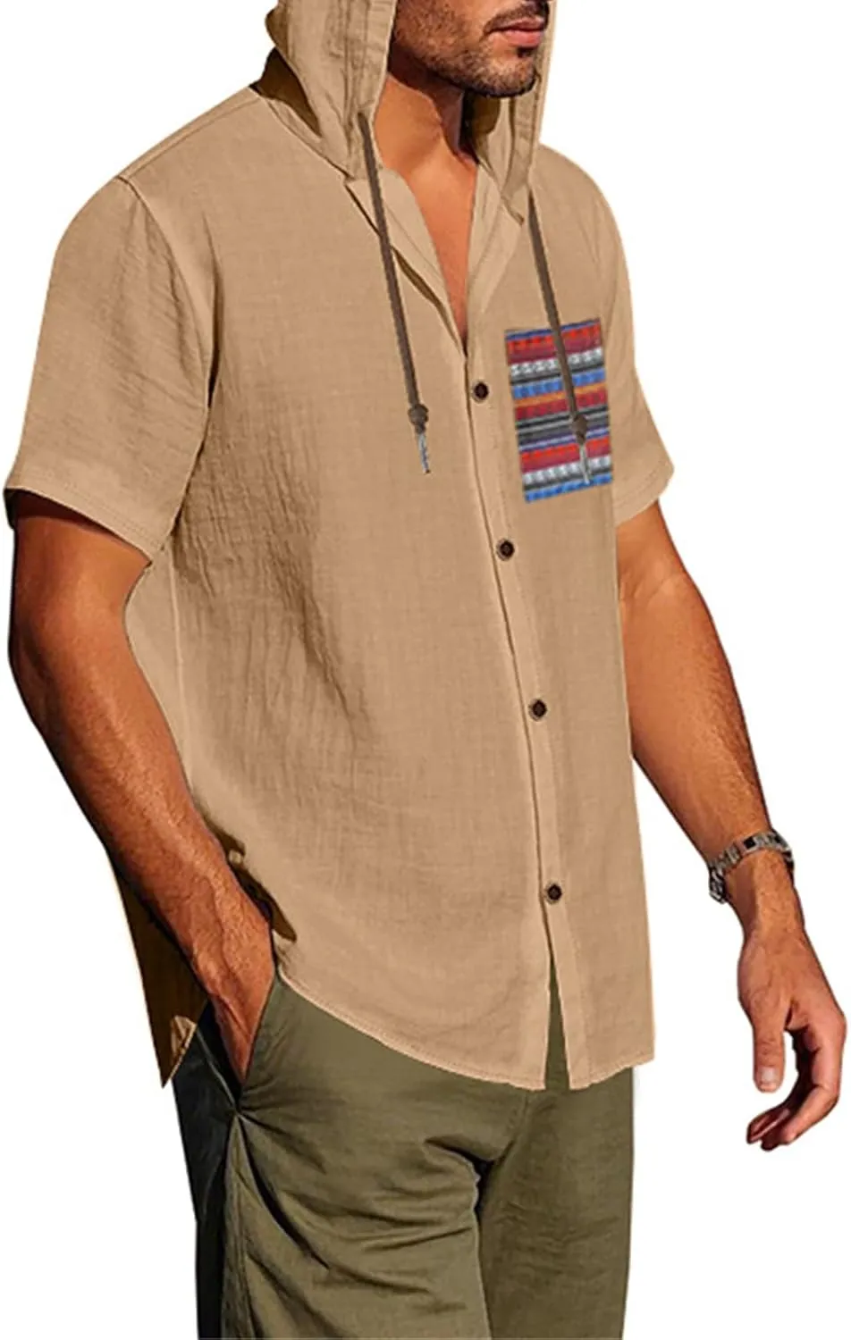 Men's Linen Hooded Short Sleeve Shirts Cardigan Short Sleeve Boho Style T-Shirts Summer Beach Vacation Yoga Tops