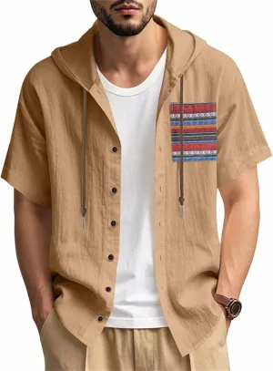 Men's Linen Hooded Short Sleeve Shirts Cardigan Short Sleeve Boho Style T-Shirts Summer Beach Vacation Yoga Tops