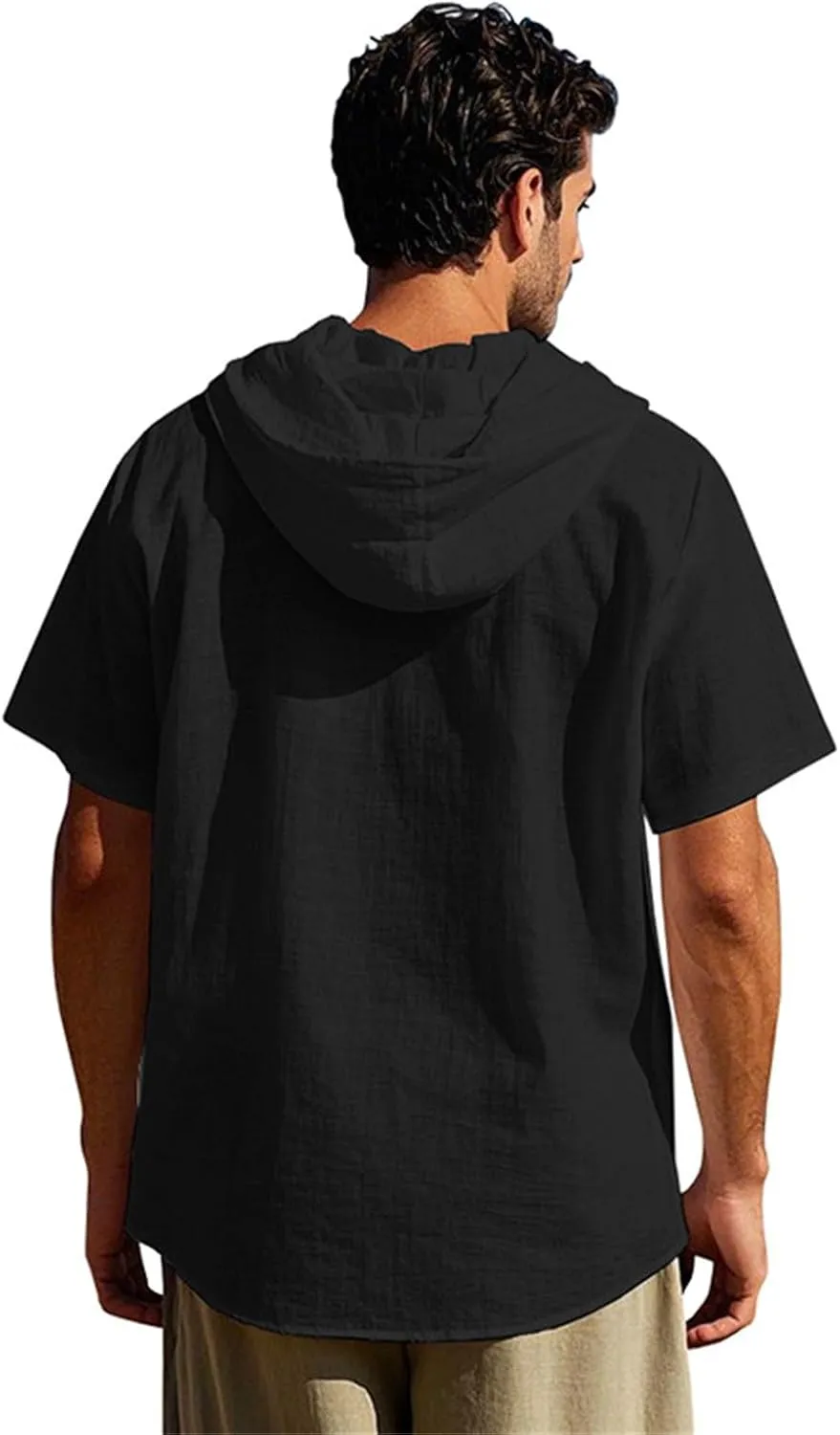Men's Linen Hooded Short Sleeve Shirts Cardigan Short Sleeve Boho Style T-Shirts Summer Beach Vacation Yoga Tops