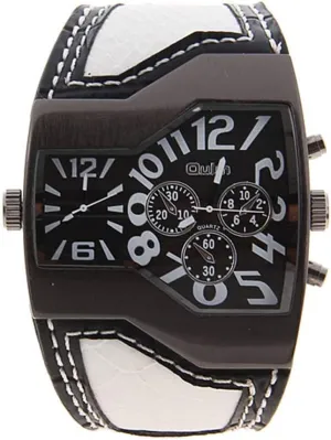 Men's Military Oversize Multi TimeZones 2 Dials Leather Analog Sports Wrist Watch HP1220B White Band White Face
