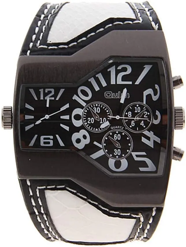 Men's Military Oversize Multi TimeZones 2 Dials Leather Analog Sports Wrist Watch HP1220B White Band White Face