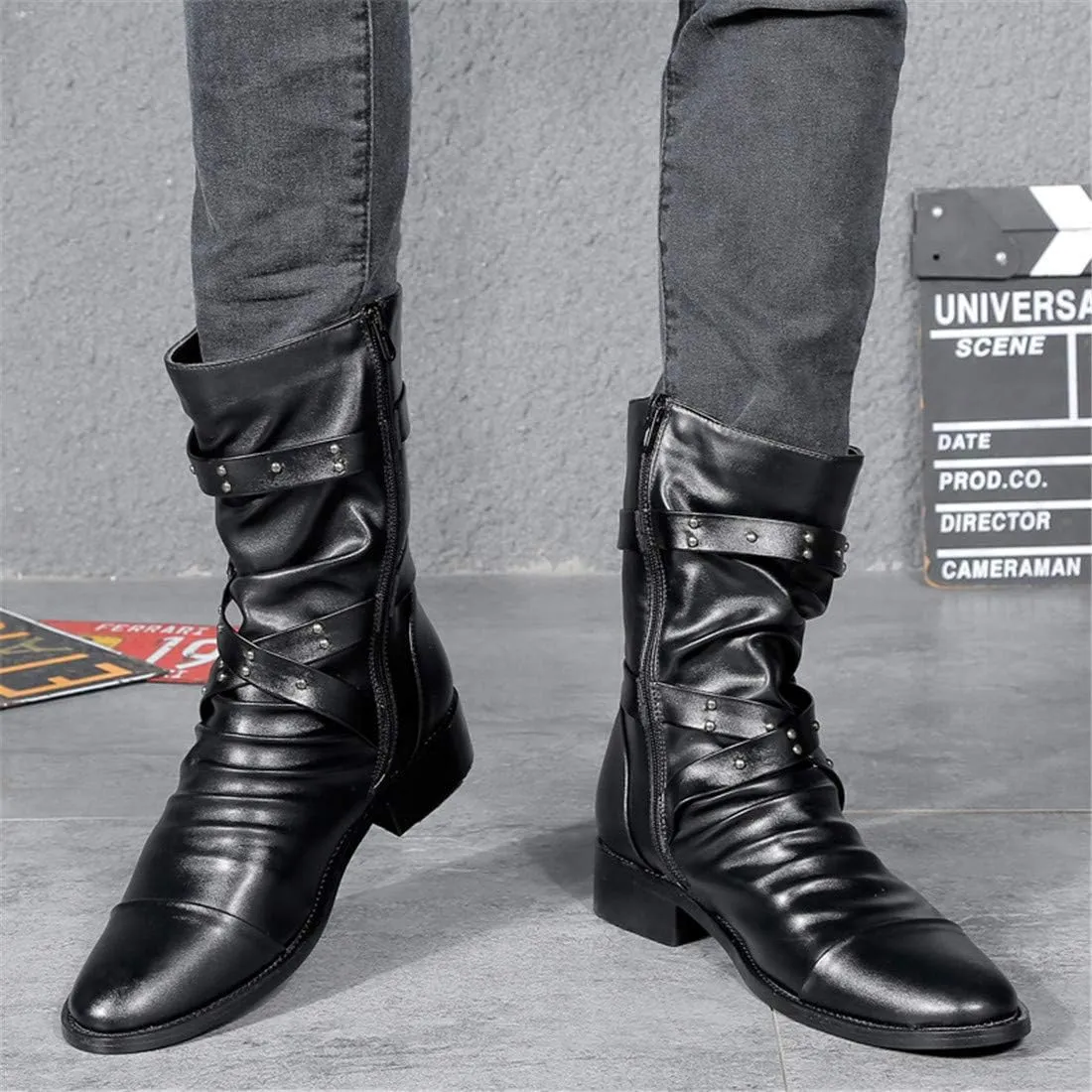 Men`s Punk Gothic Rivet Motorcycle PU Faux Leather Boots With Studs