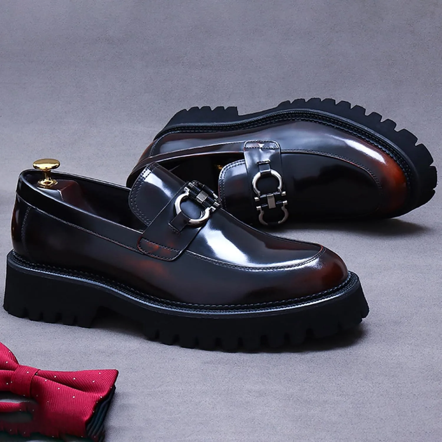 Men's Round-Toe Loafers, Genuine Leather Boat Shoes, Buckle Walking Shoe Casual Leather Shoes for Male