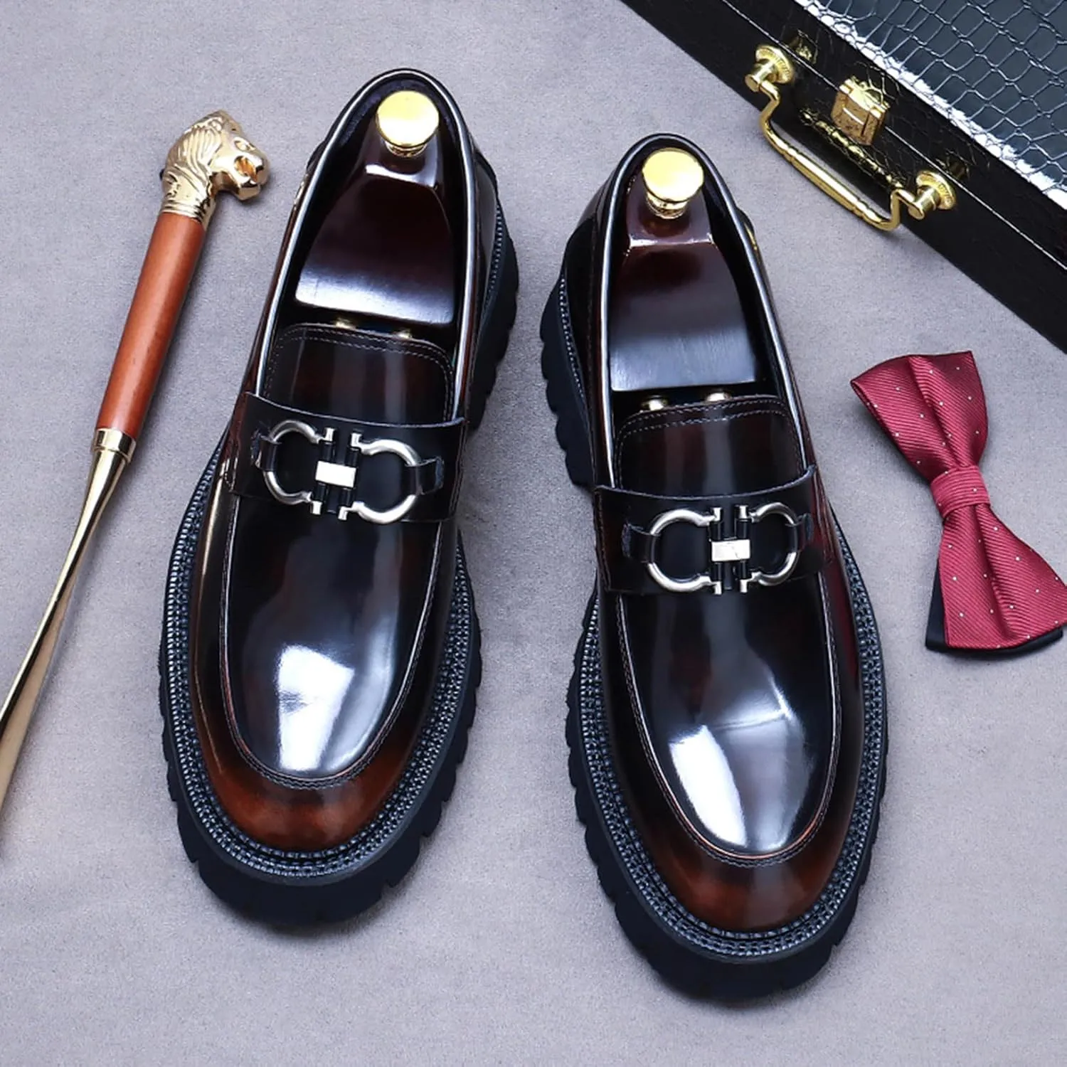 Men's Round-Toe Loafers, Genuine Leather Boat Shoes, Buckle Walking Shoe Casual Leather Shoes for Male