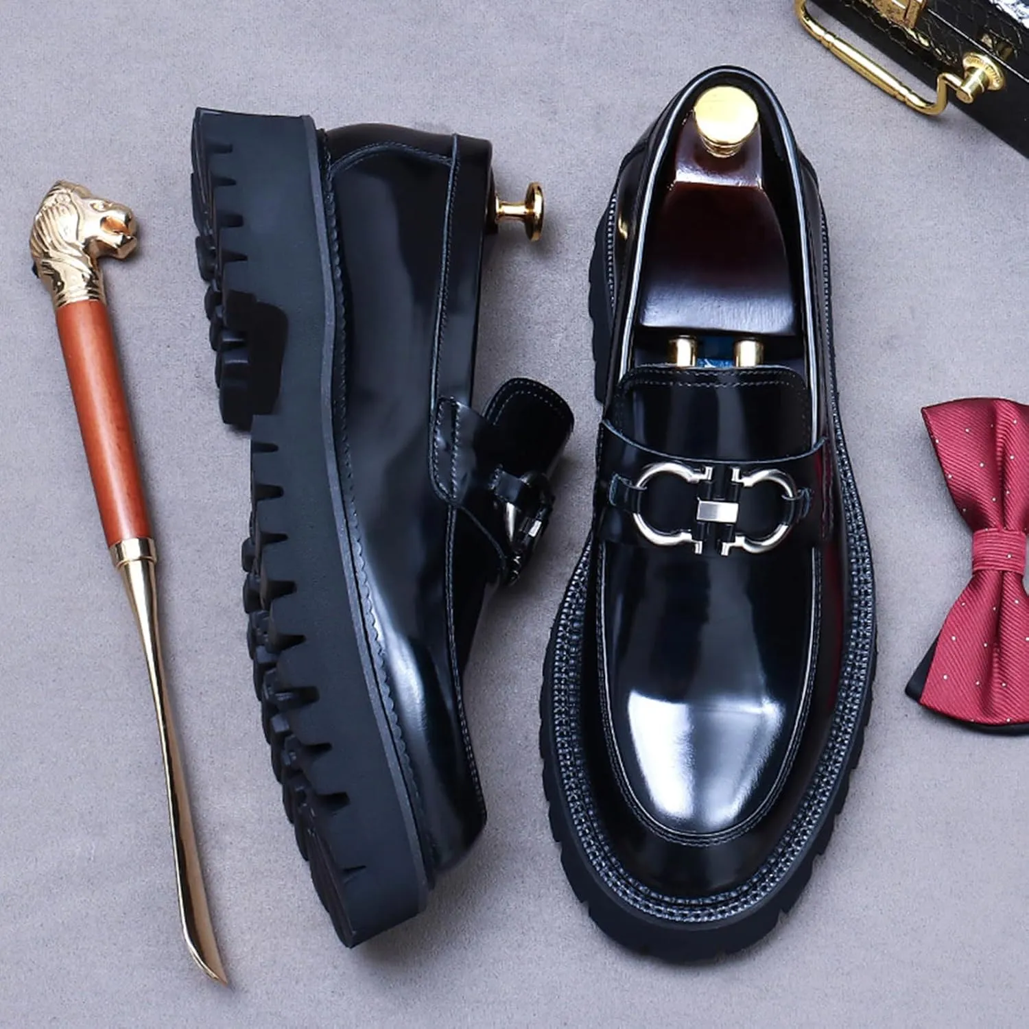 Men's Round-Toe Loafers, Genuine Leather Boat Shoes, Buckle Walking Shoe Casual Leather Shoes for Male