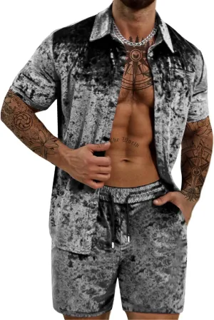 Mens Tracksuit Diamond Velvet Shirts and Shorts Set Fashion Casual 2 Piece Outfits for Men