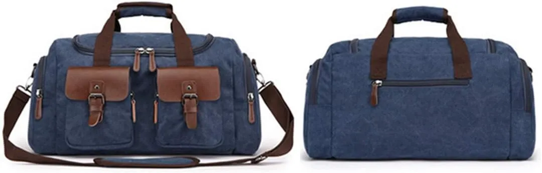 Mens Travel Duffle Bags Leather Canvas Weekend Bag Large Waterproof Overnight Carry on Bag with Shoe Compartment Oversized Tote for Travel Business Sports (Blue)