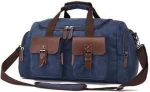 Mens Travel Duffle Bags Leather Canvas Weekend Bag Large Waterproof Overnight Carry on Bag with Shoe Compartment Oversized Tote for Travel Business Sports (Blue)