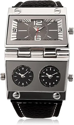 Men's Unique Military Automatic Watches Multi Time Zone Big Face Watches with Square Dial, Genuine Leather Band - Black