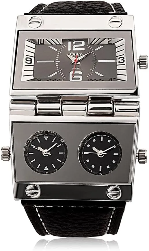 Men's Unique Military Automatic Watches Multi Time Zone Big Face Watches with Square Dial, Genuine Leather Band - Black