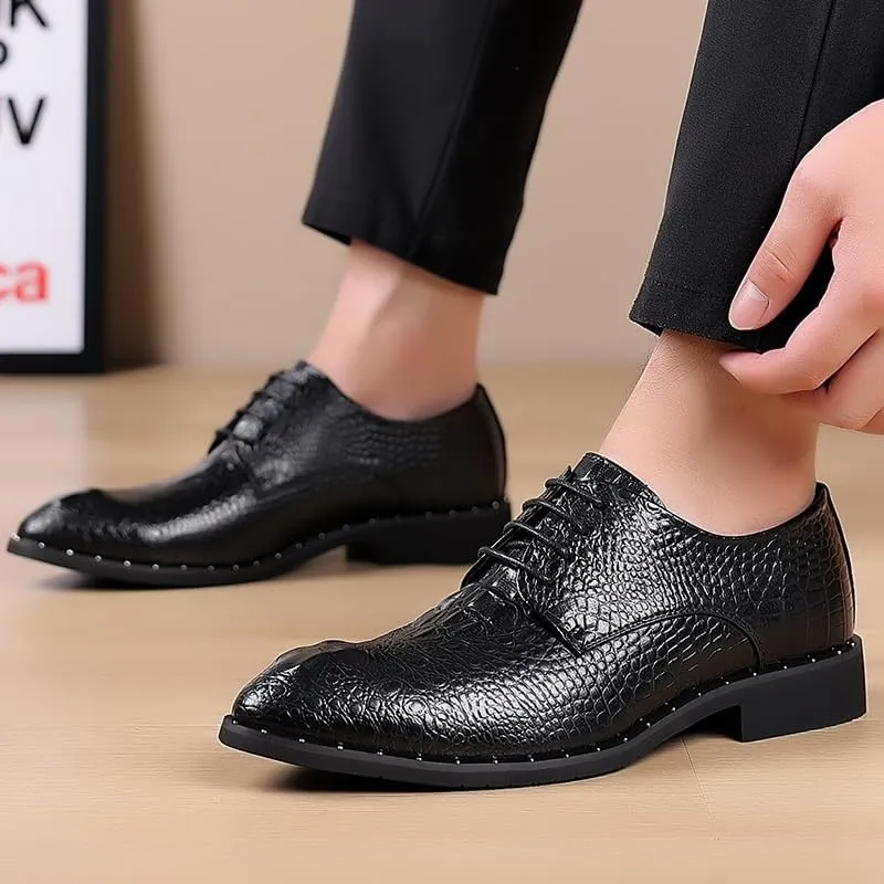 Men's Vintage Crocodile Print Strap Slip On Dress Shoes Classic Round Toe Lace Up Lug Sole Soft Bottom Business Work Oxfords Shoes