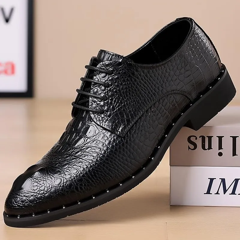 Men's Vintage Crocodile Print Strap Slip On Dress Shoes Classic Round Toe Lace Up Lug Sole Soft Bottom Business Work Oxfords Shoes