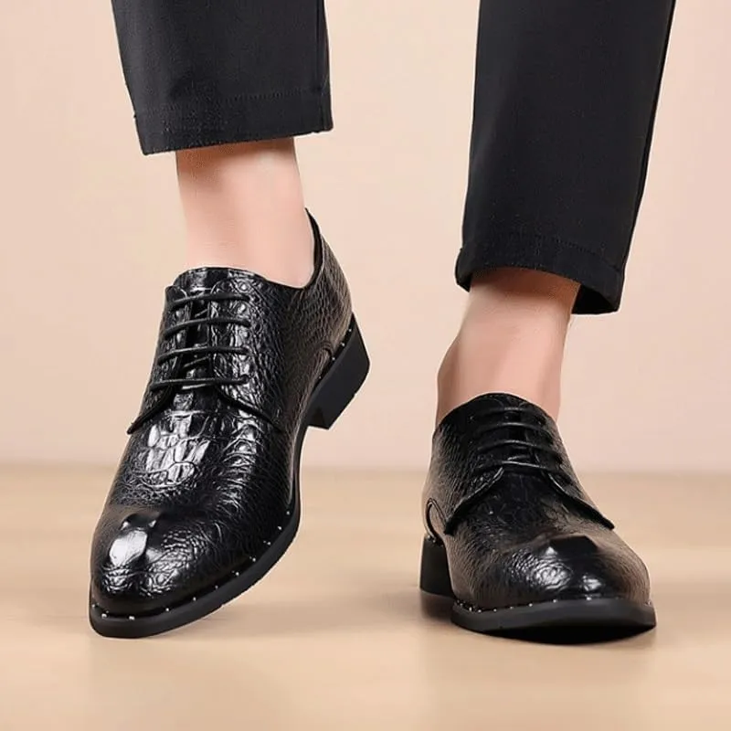 Men's Vintage Crocodile Print Strap Slip On Dress Shoes Classic Round Toe Lace Up Lug Sole Soft Bottom Business Work Oxfords Shoes