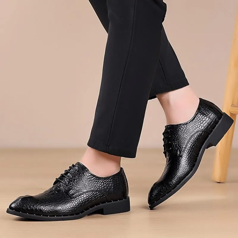 Men's Vintage Crocodile Print Strap Slip On Dress Shoes Classic Round Toe Lace Up Lug Sole Soft Bottom Business Work Oxfords Shoes