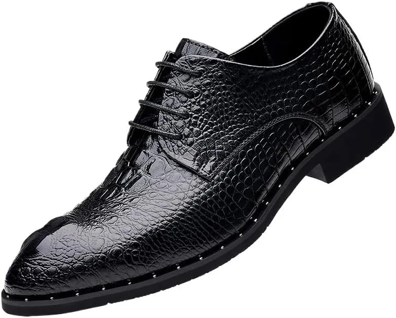 Men's Vintage Crocodile Print Strap Slip On Dress Shoes Classic Round Toe Lace Up Lug Sole Soft Bottom Business Work Oxfords Shoes