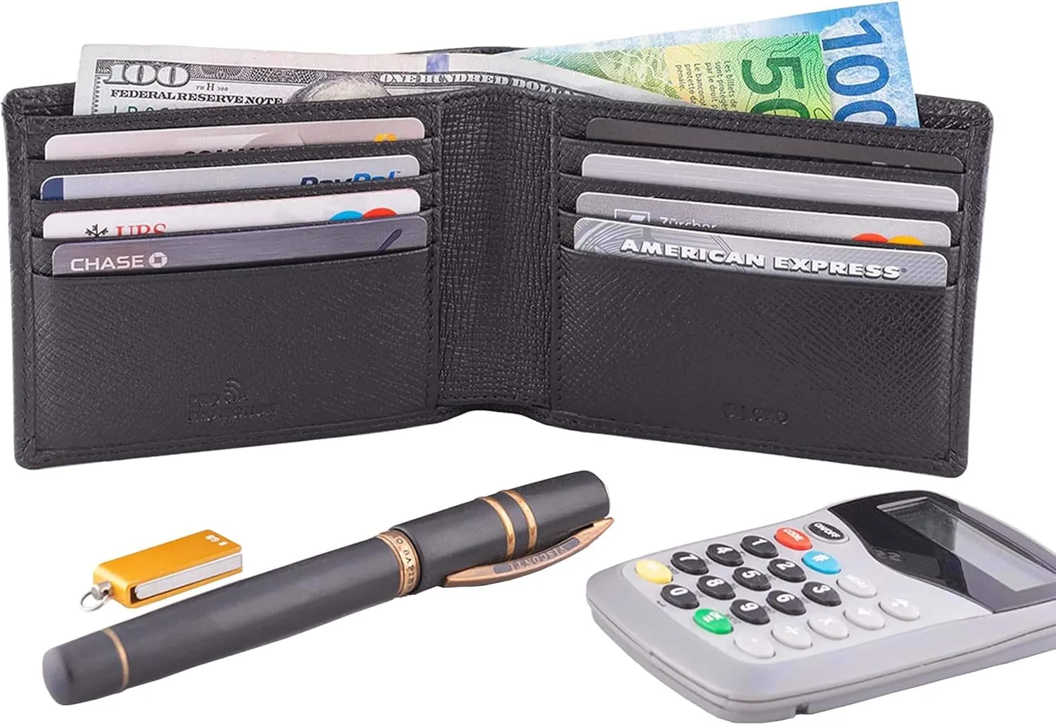 Mens Wallet Full Grain Genuine Leather Slim Minimalist Front Pocket Bifold Soft Nappa RFID Protection (Saffiano Black)