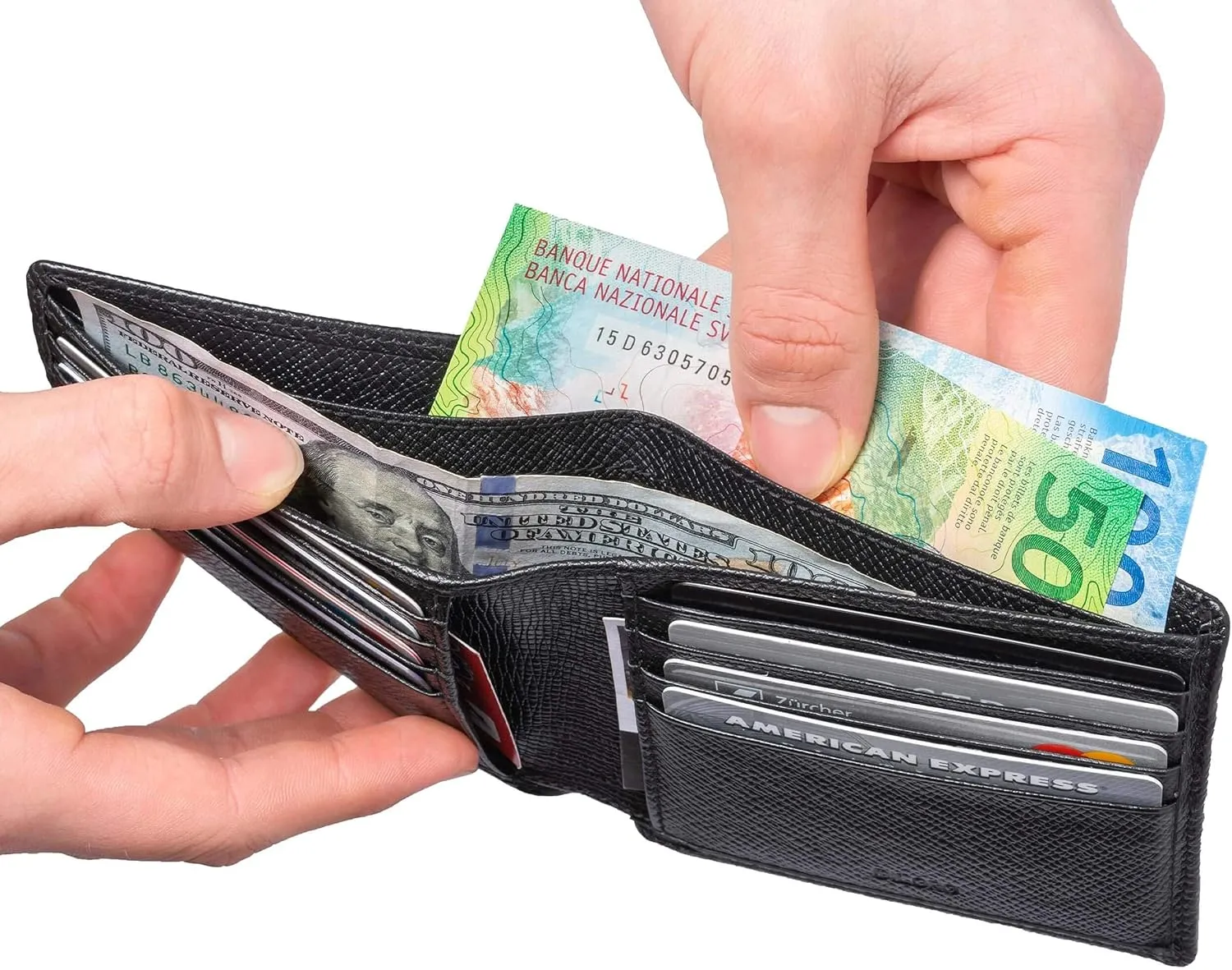 Mens Wallet Full Grain Genuine Leather Slim Minimalist Front Pocket Bifold Soft Nappa RFID Protection (Saffiano Black)