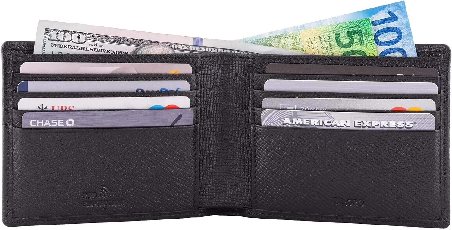 Mens Wallet Full Grain Genuine Leather Slim Minimalist Front Pocket Bifold Soft Nappa RFID Protection (Saffiano Black)