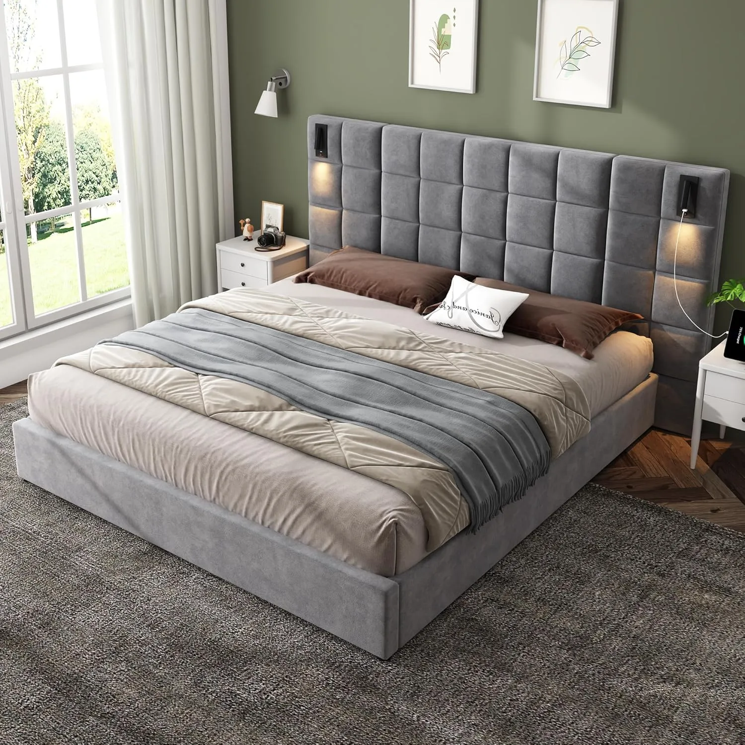 Merax Upholstered King Bed, with Reading Lamp and USB Port, Wide Velvet Headboard, (Without Bedside Tables and Mattress), Grey