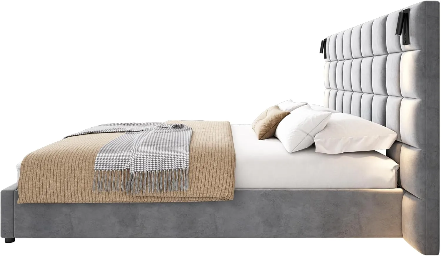 Merax Upholstered King Bed, with Reading Lamp and USB Port, Wide Velvet Headboard, (Without Bedside Tables and Mattress), Grey