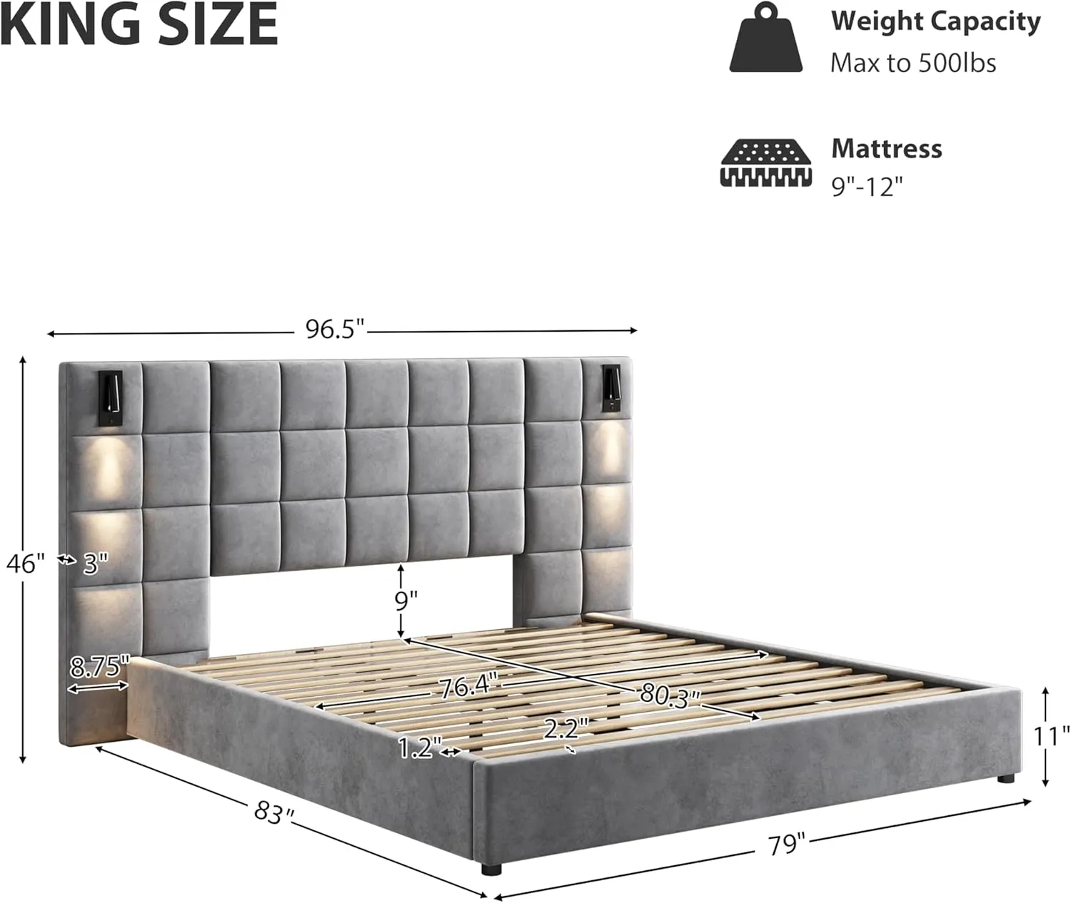 Merax Upholstered King Bed, with Reading Lamp and USB Port, Wide Velvet Headboard, (Without Bedside Tables and Mattress), Grey
